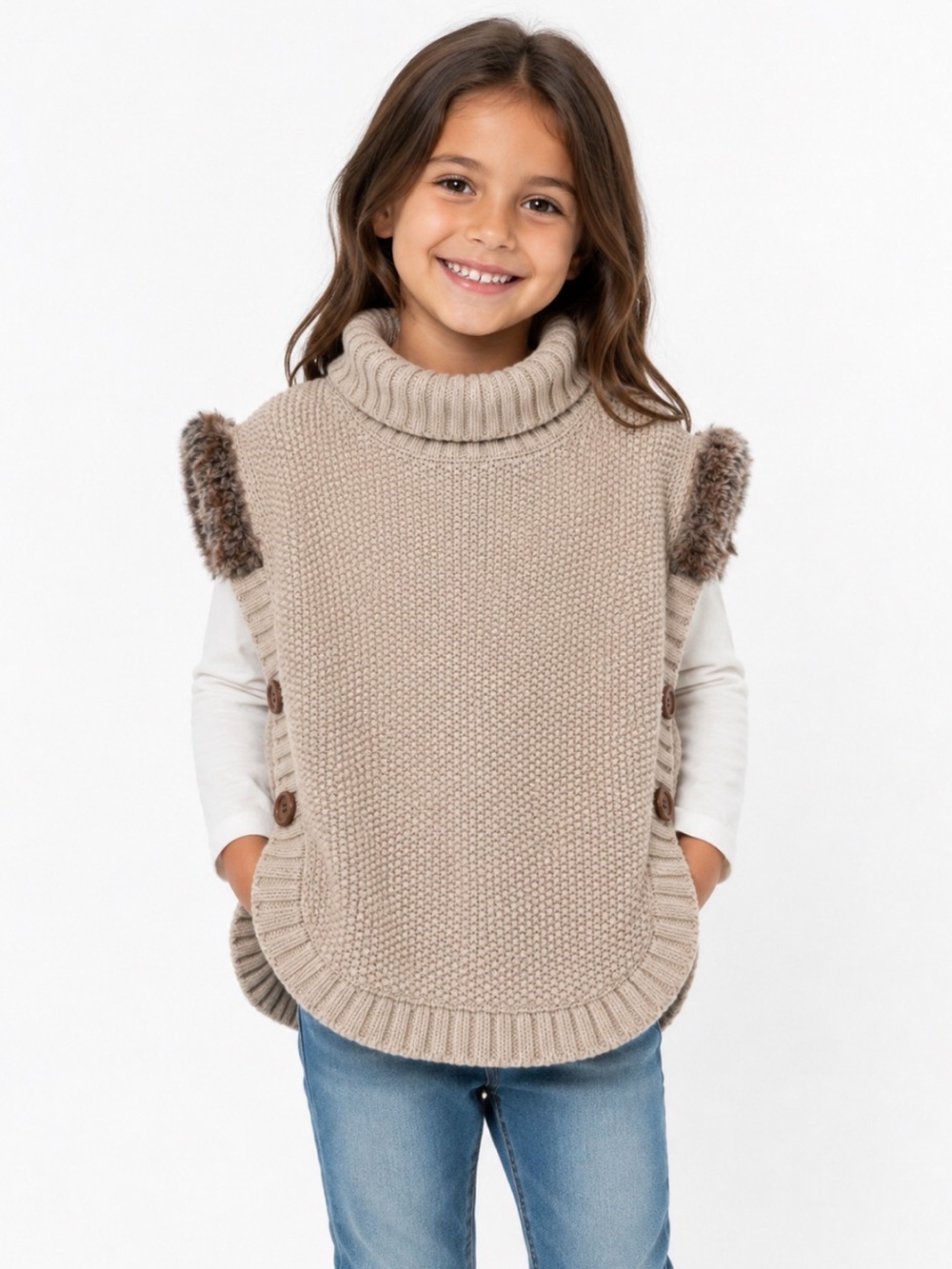 Girls Taupe Knit Turtleneck Poncho with Faux Fur Shoulder Trim